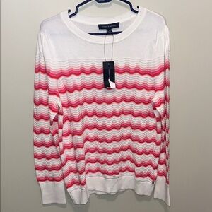 Tommy Hilfiger Women's Pink and White Striped Sweatshirt